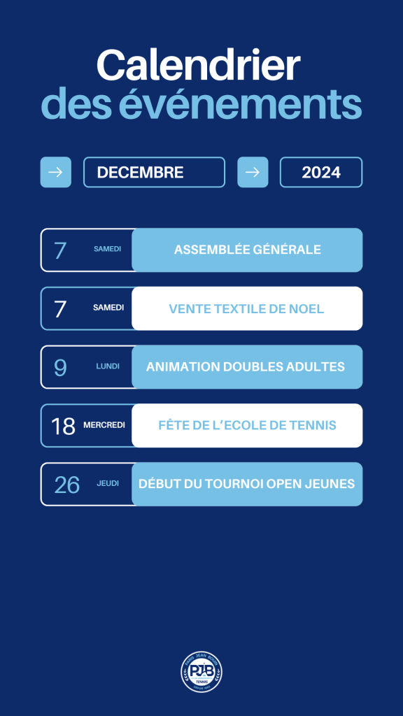 PJB TENNIS // Programme des évènements du mois de décemnre 2024